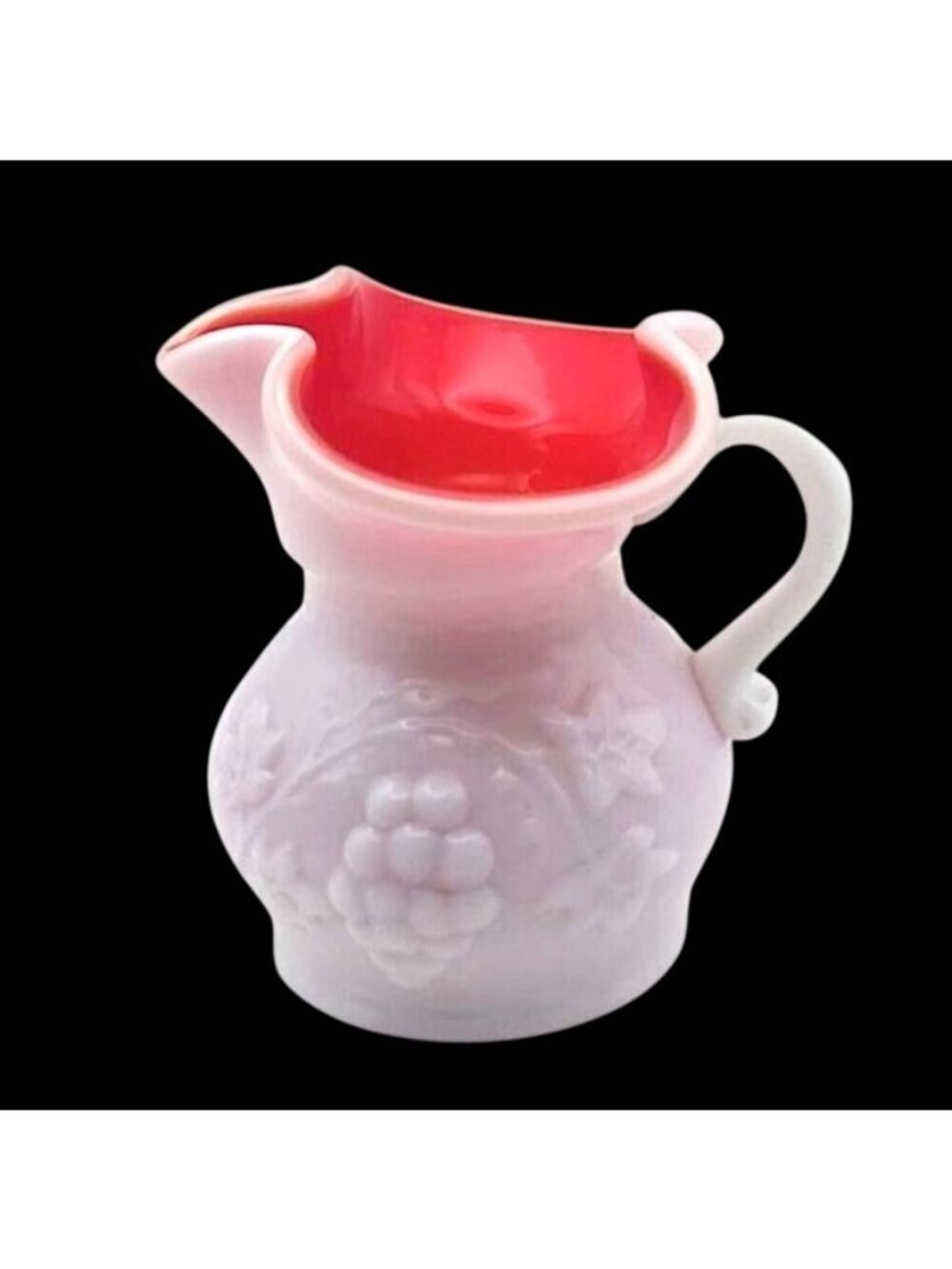 Vintage Kanawha White Milk Glass Red Cased Embossed Grapevine Mini Pitcher MCM